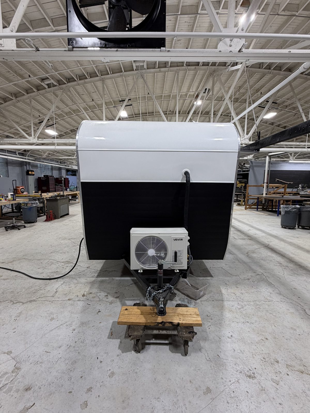Front of the Black Barn Bakery trailer with the tongue, hitch, and roof air conditioner
