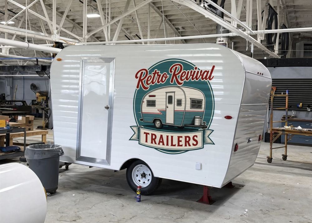White Retro Revival trailer with circular logo in the shop